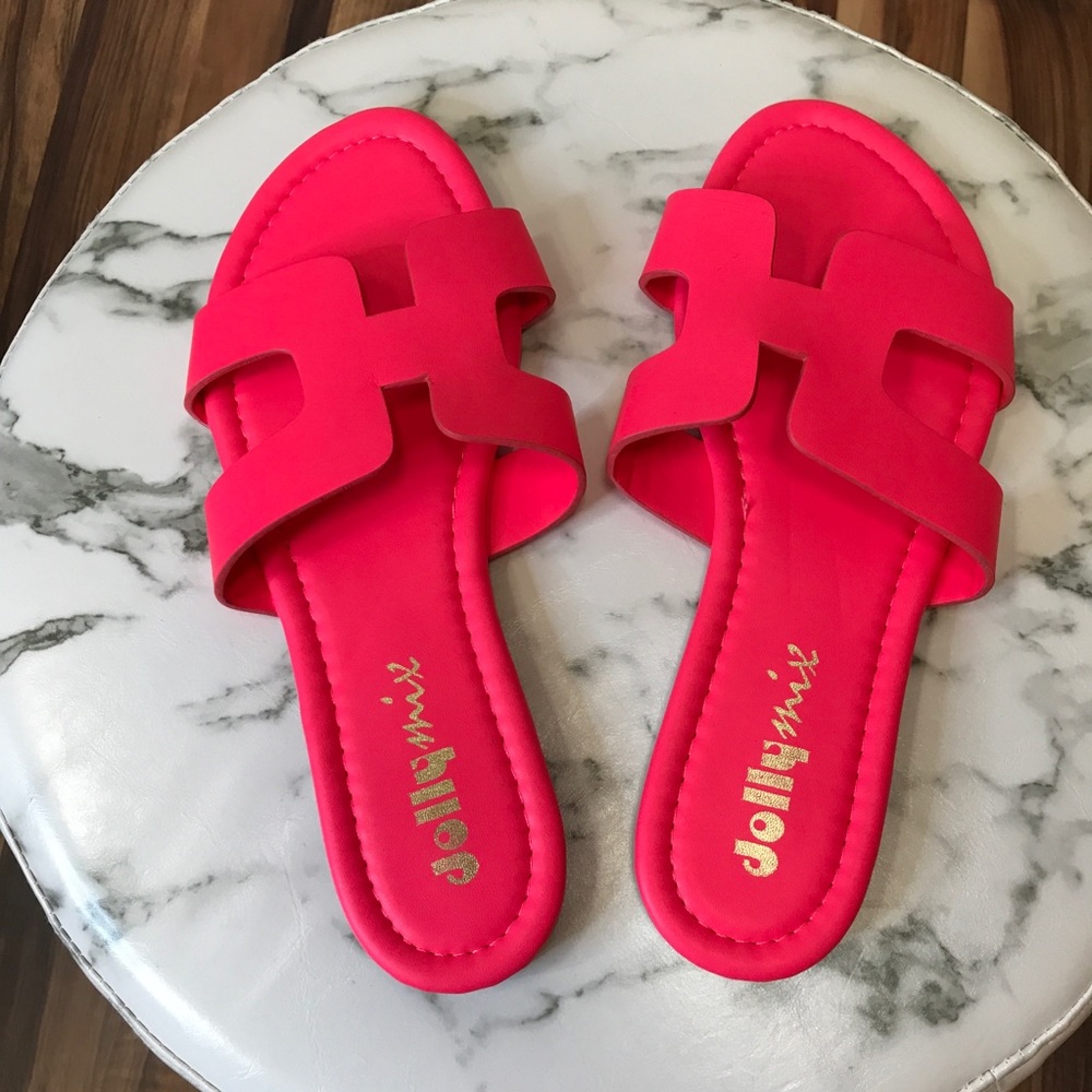 โผ๏ธ Hot Neon Pink H Style Slide On Sandals - Picture 3 of 6